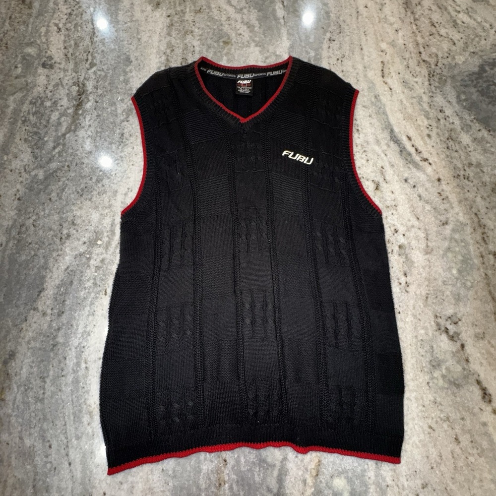 VTG FUBU Sports Cable Knit Sweater Vest Black Red Trim Men's Sz XL Preppy Y2K